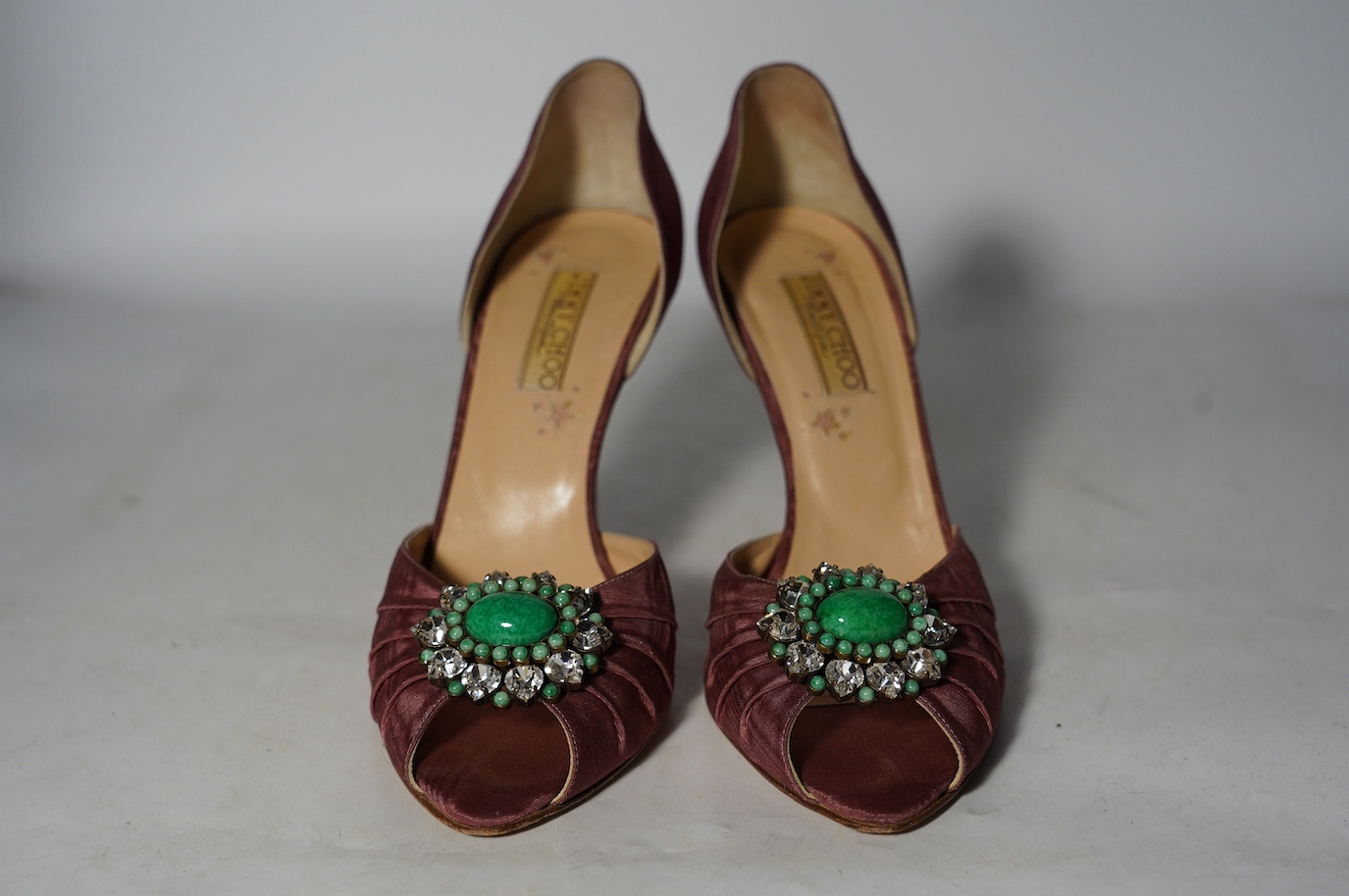 A pair vintage of Jimmy Choo satin open toe nude embellished heeled pumps, in original box with dust bags, size 40